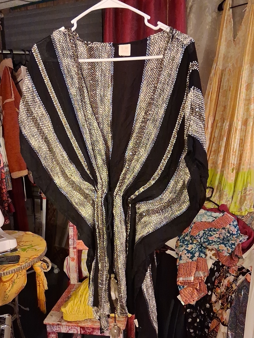 Surf Gypsy Black and Metallic Silver Striped Poncho Wrap